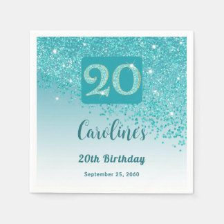20th Birthday Party Sparkling Teal Blue Glitter Napkin