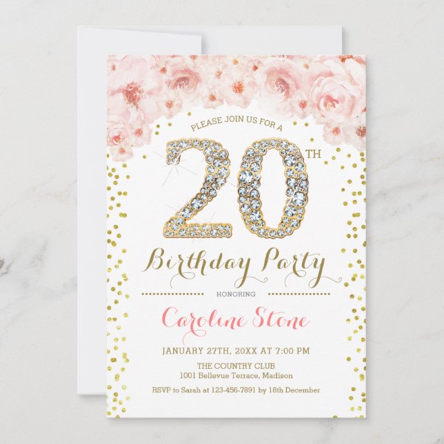 20th Birthday Party - White Gold Pink Invitation (Front)