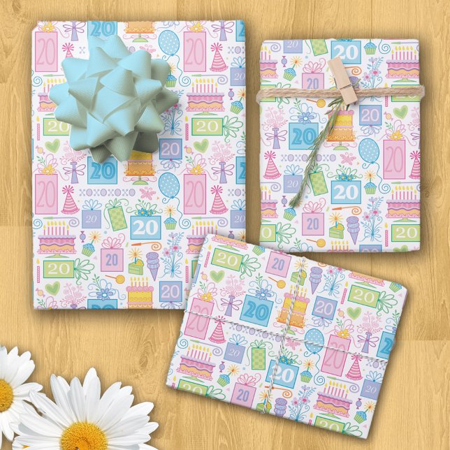 20th Birthday Pastel Pink Cake Presents Balloons Wrapping Paper Sheet (Creator Uploaded)