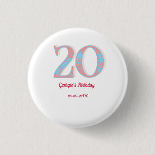 20TH BIRTHDAY PEACH BLUE BOLD RETRO NAME STYLISH 3 CM ROUND BADGE