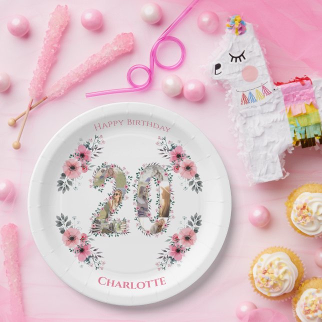 20th Birthday Photo Collage Pink Flower Girl White Paper Plate (Party)