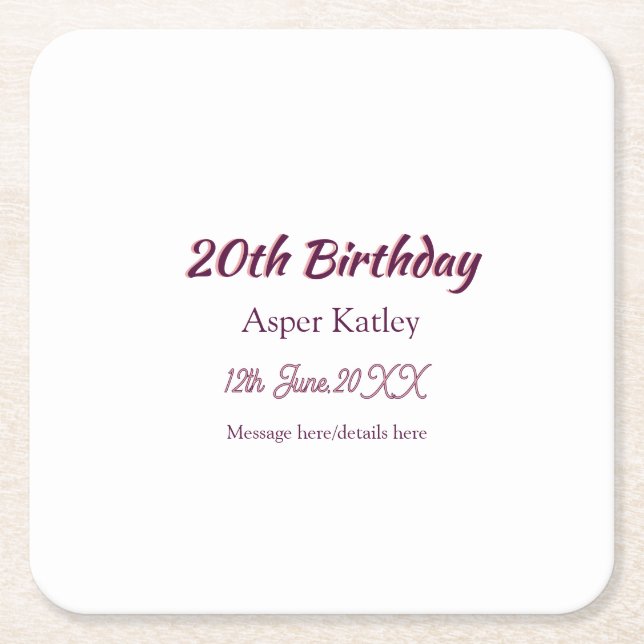 20th birthday pink purple name date message simple square paper coaster (Front)