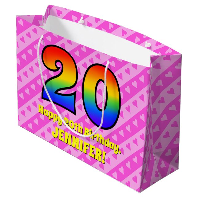 20th Birthday: Pink Stripes & Hearts, Rainbow # 20 Large Gift Bag (Back Angled)