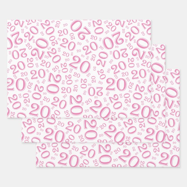 20th Birthday Pink/White Random Number Pattern 20 Wrapping Paper Sheet (Set)