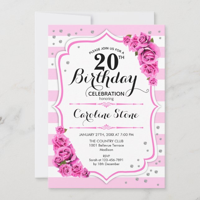 20th Birthday -  Pink White Stripes Roses Invitation (Front)
