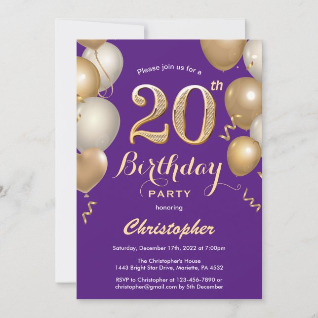 20th Birthday Purple and Gold Balloons Confetti Invitation (Front)