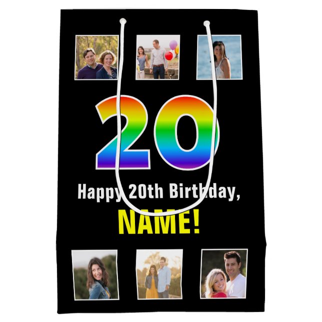 20th Birthday: Rainbow “20“, Custom Photos & Name Medium Gift Bag (Back)