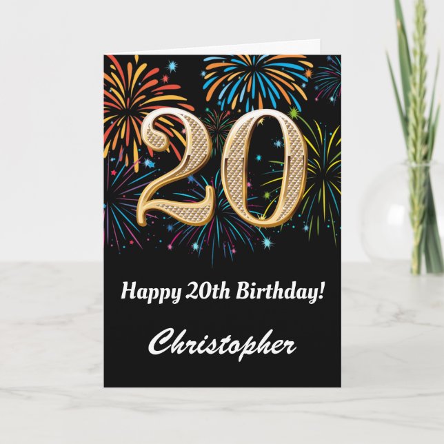 20th Birthday Rainbow Fireworks Black and Gold Card (Front)