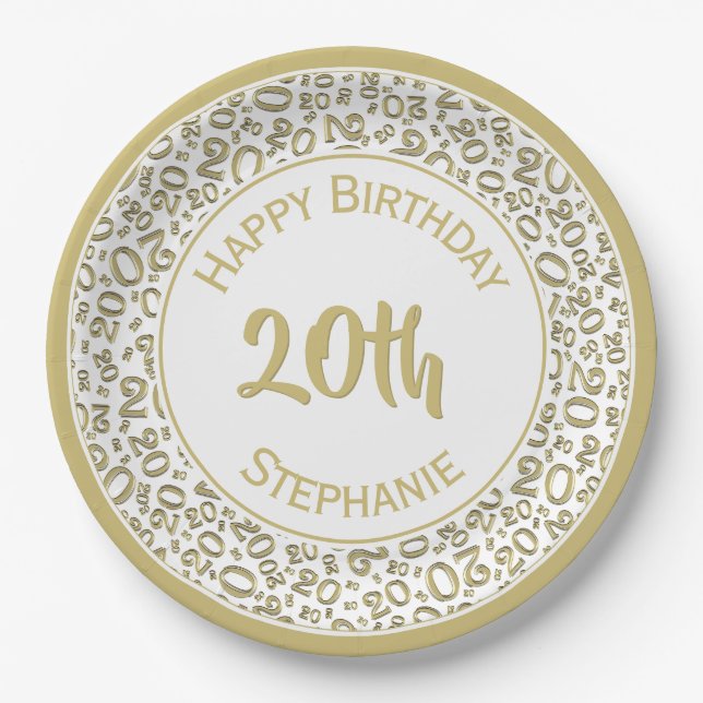 20th Birthday Random Number Pattern 20 Gold/White Paper Plate (Front)