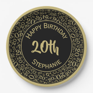 20th Birthday Random Number Pattern Black/Gold 20 Paper Plate