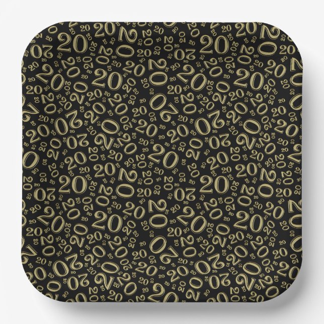 20th Birthday Random Number Pattern Black/Gold 20 Paper Plate (Front)