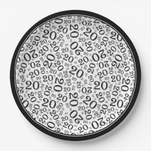 20th Birthday Random Number Pattern Black/White 20 Paper Plate