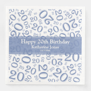 20th Birthday Random Number Pattern Blue/White Napkin