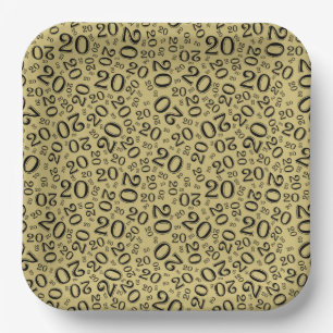 20th Birthday Random Number Pattern Gold/Black 20 Paper Plate