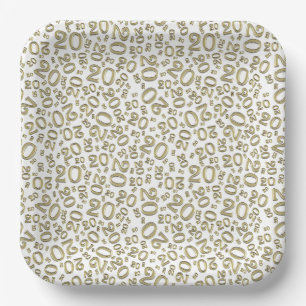 20th Birthday Random Number Pattern Gold/White 20 Paper Plate