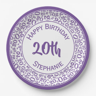 20th Birthday Random Number Pattern Purpel/White Paper Plate