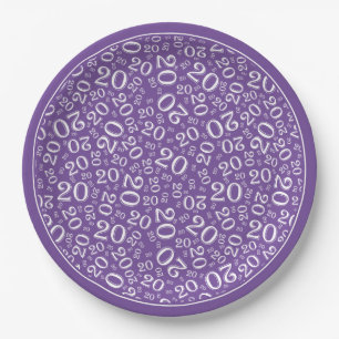 20th Birthday Random Number Pattern Purple/White Paper Plate