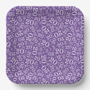 20th Birthday Random Number Pattern Purple/White Paper Plate