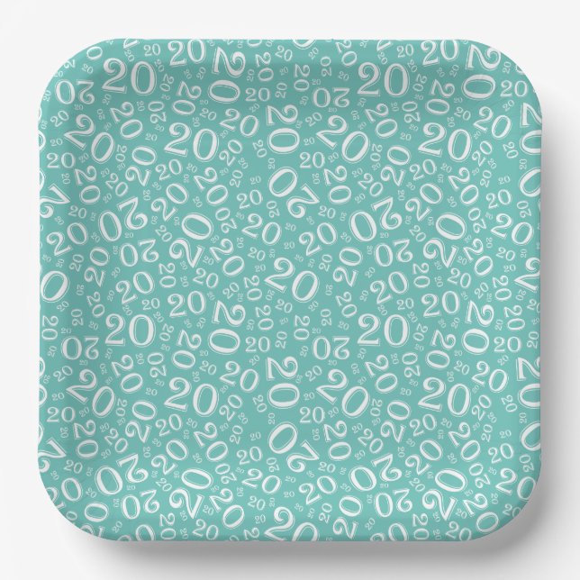 20th Birthday Random Number Pattern Teal/White 20 Paper Plate (Front)
