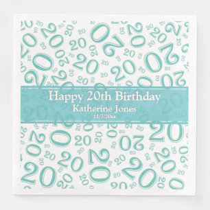 20th Birthday Random Number Pattern Teal/White Napkin