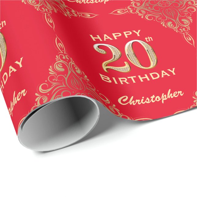 20th Birthday Red and Gold Glitter Frame Wrapping Paper (Roll Corner)
