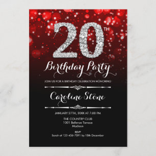 20th Birthday - Red Black Silver Invitation