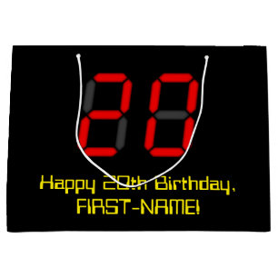 20th Birthday: Red Digital Clock Style "20" + Name Large Gift Bag