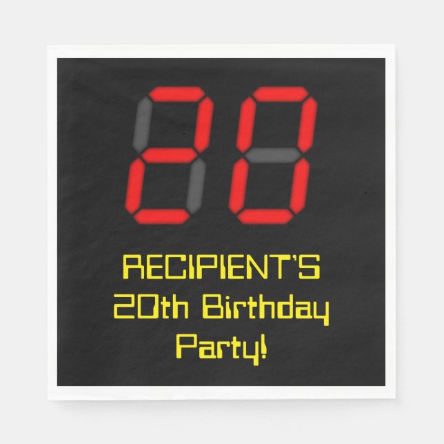 20th Birthday: Red Digital Clock Style "20" + Name Napkin (Front)