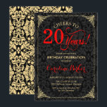 20th Birthday - Red Gold Black Damask Invitation<br><div class="desc">20th Birthday Invitation.
Elegant vintage red,  black and faux gold design with damask pattern. Features script font. Cheers to 20 years! Can be personalized into any age! Message me if you need further customization.</div>