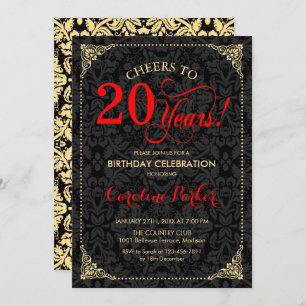 20th Birthday - Red Gold Black Damask Invitation