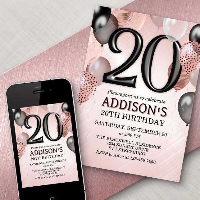 20th Birthday Rose Gold Balloons Invitation (Creator Uploaded)