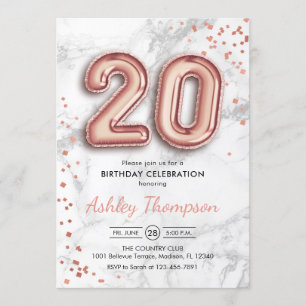 20th Birthday - Rose Gold Balloons Marble Effect Invitation
