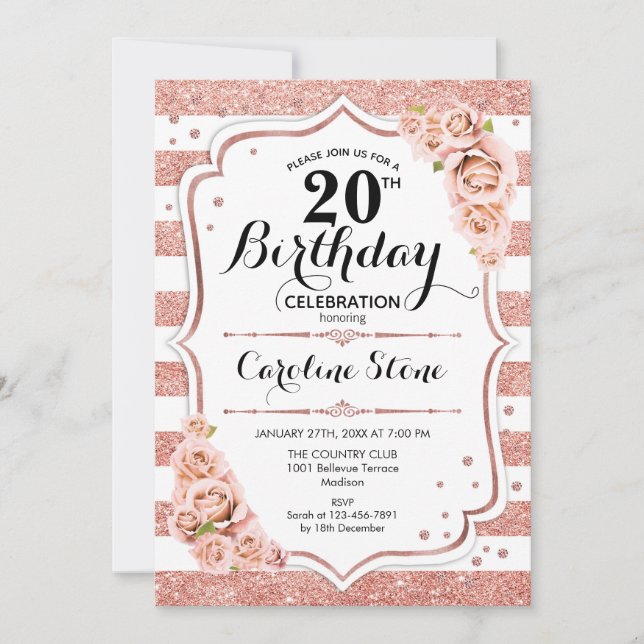 20th Birthday -  Rose Gold White Stripes Invitation (Front)