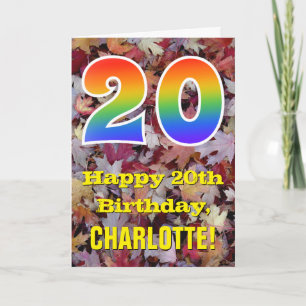 20th Birthday; Rustic Autumn Leaves; Rainbow "20" Card