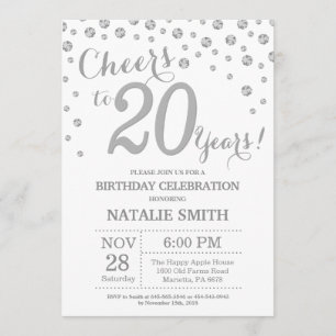 20th Birthday Silver Glitter Diamond Invitation
