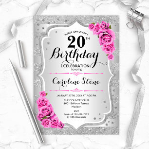 20th Birthday - Silver Stripes Pink Roses Invitation