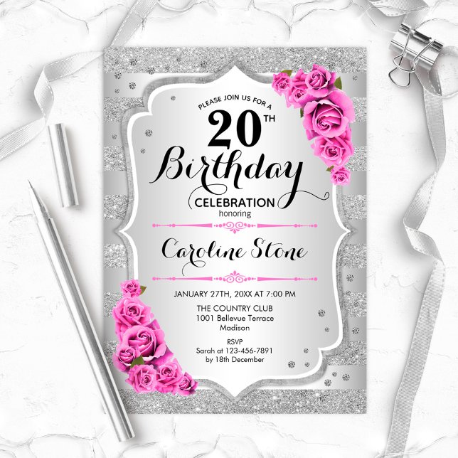 20th Birthday - Silver Stripes Pink Roses Invitation (Creator Uploaded)