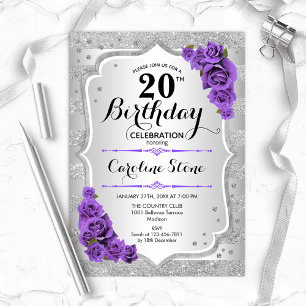 20th Birthday - Silver Stripes Purple Roses Invitation