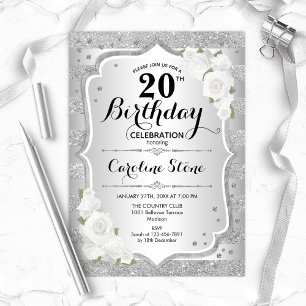 20th Birthday - Silver Stripes White Roses Invitation