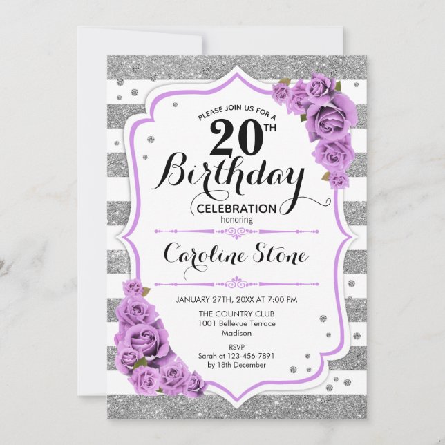 20th Birthday -  Silver White Stripes Purple Roses Invitation (Front)