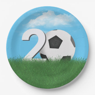 20th Birthday Soccer Ball In Green Grass Paper Plate