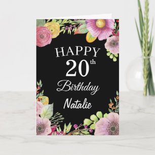 20th Birthday Watercolor Floral Flowers Black Card