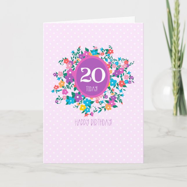 20th Birthday with Flowers and Polka Dots Card (Front)