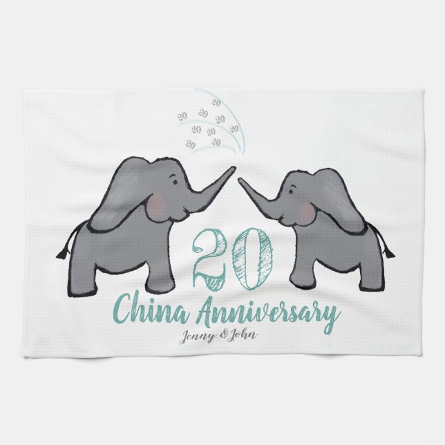 20th china wedding anniversary cute elephant tea towel (Horizontal)