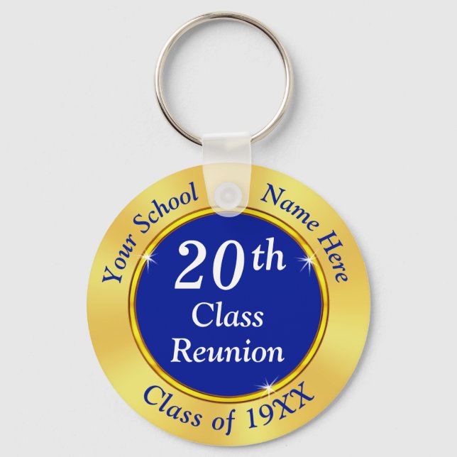 20th Class Reunion Gifts. Royal Blue, Gold, White Key Ring (Front)