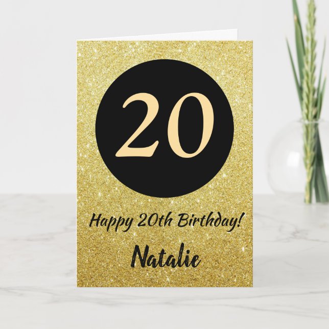 20th Happy Birthday Black and Gold Glitter Card (Front)