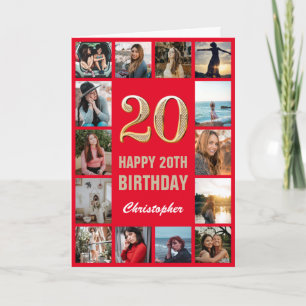 20th Happy Birthday Red and Gold Photo Collage Card