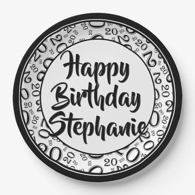 20th Party Random Number Pattern Black/White Paper Plate (Front)