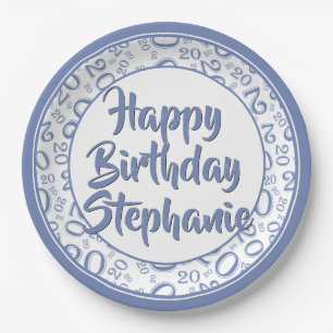 20th Party Random Number Pattern Blue/White Paper Plate