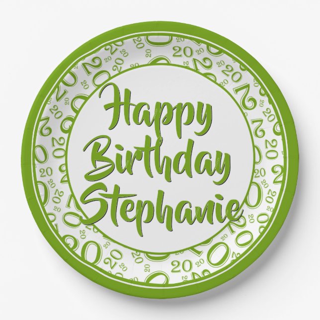 20th Party Random Number Pattern Green/White Paper Plate (Front)